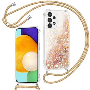 Xiltlly Coque pour Samsung Galaxy A52s 5G/A52 4G/5G avec Cordon, Paillette Liquide Transparent Crystal Glitter Housse, Protection Antichoc Silicone Souple TPU Bumper Case, R&eacute;glable Collier, Or (WANGZHICHENGEU, neuf)