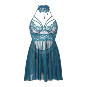 HOTSO Femme No&euml;l Sexy Lingerie Coquine Hot Tenue Robe Transparente Dentelle Col V Halter Nuisette Chemise Nuit Teddy Babydoll Ensemble Fente Devant P&egrave;re No&euml;l Rouge Chemise de Nuit Maille pour Feminins (wangshuaisan, neuf)