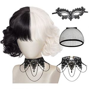 Moitié Noir Moitié Blanc Court Cosplay Perruque, Halloween Perruque Courte Noire Blanche, Perruque Courte Bouclée Moitié Noire et Moitié Blanche Perruques, pour Cospaly Halloween Party Déguisements (YELLOW FLYINGMAN LIMITED, neuf)