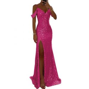 shownicer Robe de Soir&eacute;e Cocktail Femme &Eacute;l&eacute;gante Col V &agrave; Paillettes Robe Longue Sexy Slim Robe Fendues &agrave; Sequins Mode Maxi Dress D Rose S (Bang Okay Design, neuf)