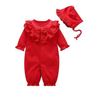 amropi B&eacute;b&eacute; Filles Grenouill&egrave;res Col en Dentelle Barboteuse Manches Longues Combinaison + Chapeau 0-3 Mois,Rouge (YunBao Footwear Trade, neuf)