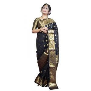 IMTRA FASHION Saree Traditionnel Pour Femme Indien Banarasi Jacquard Kanjivaram Style Sari Avec Chemisier Non Cousu- Noir (IMTRA FASHION®, neuf)