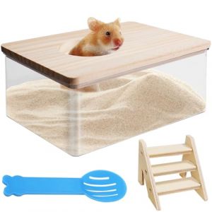 Behogan Hamster Salle de bain de sable transparent pour hamster avec &eacute;chelle et pelle, &eacute;chelle pour hamster ou petit animal de compagnie (carr&eacute;) (KAROULLA, neuf)
