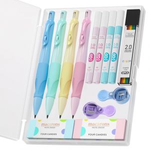 Four Candies Lot de 4 porte-mines ergonomiques pour enfants, 4 porte-mines mignons de 2 mm avec 44 mines HB, 2 taille-crayons/gommes, lot de mines pour écrire et dessiner (Four Candies, neuf)