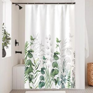 Uiiooazy Rideau Douche 120x180cm, Rideau de Douche Anti Moisissure Gris Feuilles d'eucalyptus Vert Rideaux de Baignoire Tissu Lavable Imperm&eacute;able Polyester Rideaux Salle de Bain avec 8 Crochets (dongguibinjingpinxiaodianpu, neuf)