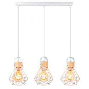 iDEGU 3 Lampes Suspension Luminaire Industrielle, 16CM Vintage Lustre Suspension en Fer et Bois R&eacute;tro Cage Design Blanc E27 Lampe de Plafond pour Salon Chambre Cuisine Salle &agrave; Manger (Type Barre) (IDEGU, neuf)