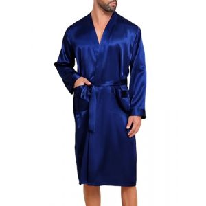 Lovasy Peignoir Homme Satin Robe de Chambre en Soie Léger à Manches Longues Peignoir de Bain kimono Doux et Confortable Vêtement de Nuit avec Ceinture et Poche,A-Bleu foncé,XXL (Lovasy Direct, neuf)