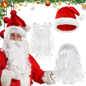 LPAMABA Barbe P&egrave;re Noel Bonnet de P&egrave;re No&euml;l Perruque et Barbe P&egrave;re No&euml;l D&eacute;guisement de P&egrave;re No&euml;l 1 Cagoule Blanche 1 Moustache Blanche 1 Paire de Gants Blanc (Vectorspar, neuf)