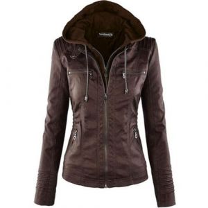 Newbestyle Femme &agrave; Capuche Veste Simili Cuir Femme Moto Style Manteau,Dark brown,XS (Newbestyle, neuf)
