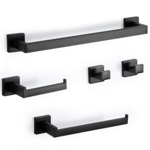 Virklyee Porte Serviette Set de 5 Pi&egrave;ces Ensemble de Porte-Serviettes Bain en Acier Inoxydable Per&ccedil;age Porte Serviette Papier Toilette et Crochet Murale Mat Accessoire Salle de Bain Set(Noir) (OYSHOPP, neuf)