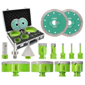 FACHLICH Scie Cloche Carrelage Kit - 14 Pi&egrave;ces For&ecirc;ts Diamant(6/6/8/20/35/50/68/100/125mm+20mm Fraise+50mm Foret Chanfrein+Adaptateur)+2 pi&egrave;ces X-Grille 125mm &Eacute;paisseur pour Porcelaine (Professional M&L DIY TOOLS, neuf)