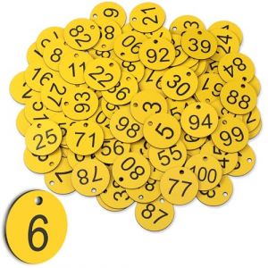 Tenare 100 Pcs &Eacute;tiquettes Num&eacute;rot&eacute;es en Plastique &Eacute;tiquettes de Cl&eacute; de Num&eacute;ro 1 &agrave; 100 Petites &Eacute;tiquettes d'Identification Num&eacute;rot&eacute;es en Plastique &Eacute;tanches avec Trou, sans Porte-Cl&eacute;s (Jaune, Noir) (ONJOLLY, neuf)