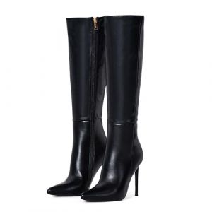 Zhabtuc Bottes hautes pour femmes de 4 pouces, bottes à talons aiguilles à bout pointu et large mollet en cuir suédé confortable et sexy, noir mat, 40.5 EU (Tiance, neuf)
