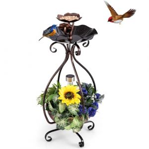GOPLUS Mangeoire Oiseaux Exterieur Hauteur 79 CM, Abreuvoir d’Oiseaux sur Pied avec Jardinière, Lumière LED Solaire, Cadre en Métal, Meuble Décoratif en Forme Lotus pour Jardin, Terrasse (Laiton) (Augenstern24, neuf)