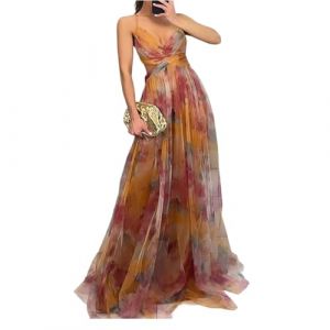 Robe Boheme Chic Mariage Invité Dentelle Cocktail Maille Robe Femme Chic Et Elegant Fluide De Cérémonie Vetement Ete sans Manches Boheme Légère Coton Summer Dress(Safran,XL) (uxxnjfg, neuf)