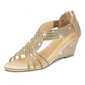 PIZZ ANNU Sandales Femme &Eacute;t&eacute; Compens&eacute;es &agrave; Plateforme Escarpins Strass Sandale &agrave; Talon Compens&eacute; Mode Confort pour Soir&eacute;e Mariage Chaussure Or EU 38 (PIZZ ANNU-EU, neuf)
