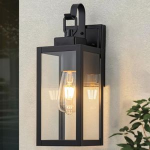 FTL Applique Murale E27 Ext&eacute;rieure Lanterne, Noir Mat Porche Luminaire Exterieur avec Abat-Jour en Verre Transparent, Jardin Lampe Exterieur, IP44 Etanche &Eacute;clairage Mural pour Couloir Entr&eacute;e Balcon (FTNOUS, neuf)