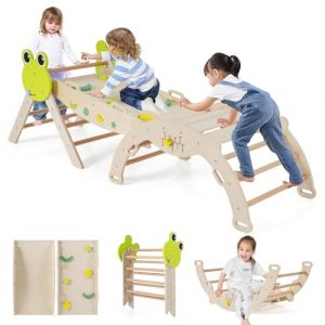 GOPLUS 7 en 1 Triangle Escalade Montesorri pour Enfants 1 Ans+, Parcours Montesorri Bebe Bois Pliable avec Arche, Rampe, Corde&Échelle, Pont, Aire de Jeux Intérieur (Grenouille|7 en 1,Naturel) (Augenstern24, neuf)