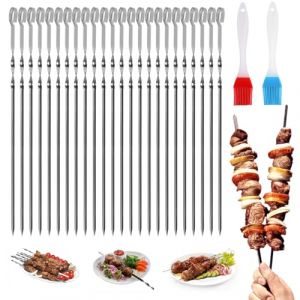 WWYSSZ Pique Brochette Inox 30cm, 24 Pièces Brochettes Inox pour Barbecue, Avec 2 Pinceaux à Huile, BBQ Brochettes à Viande en Acier Réutilisables Brochettes en Métal Plat,pour Barbecue,Viande,Légumes (WWYSSZ, neuf)