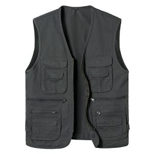 Yukirtiq Homme Gilet de Pêche Photographe Multi-poches Veste de Chasse Sans Manche Gilet de Plein Air Coton Gilet de Peche Voyage, Gris Foncé, XXL (Yukirtiq, neuf)