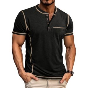 LAOARA Tee Shirt Homme T Shirt T-Shirts &agrave; Manches Courtes Homme Henley Col Tunisien Boutons L&eacute;g&eacute;re Tshirt Noir 3XL (Laoara Store, neuf)