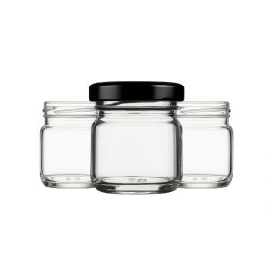 made in home - Lot de 100 mini bocaux en verre de 40 ml, pots à épices avec couvercle à visser, bocal à essai, pots à confiture, petits pots à miel, bocaux ronds (couvercles noirs) (MADE IN HOME, neuf)