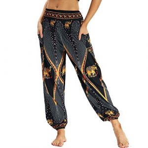 Nuofengkudu Femme Harem Pantalon Sarouel Thaïlandais Hippie Baggy Léger Boho Ethnique Smockée Taille Haute avec Poches Yoga Pants Été Plage ,Noir Éléphant B,Taille unique (better Life, neuf)