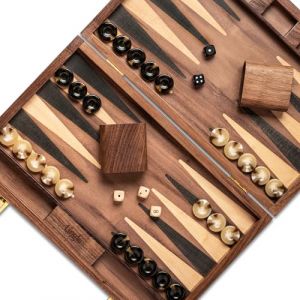 Ensemble de Backgammon Pliant Lingle 36,83 cm en Noyer Naturel Premium, idéal pour Adultes et Enfants. Comprend 30 pions en Corne Artificielle, 2 Coupes à dés en Noyer et 5 dés en Bois (Lingle Store, neuf)