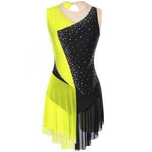 Mufeng Femme Robe Patinage Artistique Robe sans Manche Adulte Justaucorps de Gymanastique L&eacute;otard Ballet Jaune Fluo S (Mufeng EU, neuf)