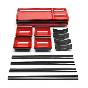Goliber Vaisselle Japonaise en Melaminé pour Sushi (16 pcs) - Comprend 4 Assiettes Japonaises, 4 Baguettes Japonaises, 4 Base de Baguettes et 4 Bols à Sauce - Japonais Accessoire set (Noir) (Rouge) (BaliBetov, neuf)