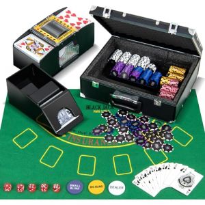 COSTWAY Mallette de Poker en Aluminium avec 300 Jetons & Mélangeur & Distributeur de Cartes, Coffret de Poker avec 2 Jeux de Cartes & 5 Dés et 3 Dealer pour Casino Fête Voyage (FDS GmbH, neuf)