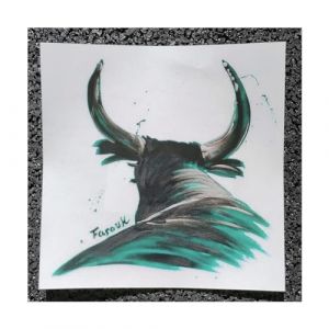 Farouk &ndash; Autocollant sticker tuning pour voiture - 1 Taureau de Camargue imprim&eacute; sur fond Transparent 12x12x0,1 cm. (Vert avec projections.) (JoviMarket, neuf)