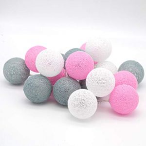 Tronje 20 LED Guirlande Lumineuse Ø6cm Boules de Coton avec Minuterie 4h - Portable Chaîne Lumière 3,8m - Décoration Lampe avec Piles - Gris-Rose (Shopdealer, neuf)