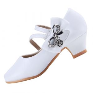 EIGHT KM Filles Chaussures Habillées à Talons Hauts Mary Jane Princesse Escarpins de Fête de Mariage EKM7035 Cuir Microfibre Athena Noeud Métallique Blanc Taille UE 32 (ElfElfElf FR, neuf)