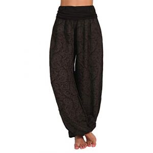 Minetom Femme Harem Pantalon Yoga Sarouel Legers Hippie Baggy Léger Ethnique Calqué Smockée Taille Haute avec Poches Été Plage Café 3XL (B.W.S KIT, neuf)