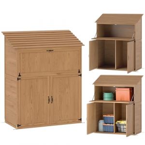 Outsunny Armoire de jardin en bois - Avec toit à marches - Étagère pliable - Table double porte - 110 x 54 x 136 cm - Résistant aux intempéries - Abri de jardin pour jardin, terrasse, bois naturel (AOSOM-DE, neuf)