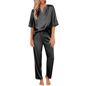 Ekouaer Pyjama Femme Ete Satin Short Pyjamas en Soie Femme Ensemble Pyjama Été 2 Pièces Vêtements de Nuit en Soie Noir L (Ekouaer EU, neuf)