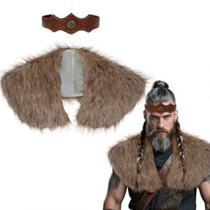 Vifcotlyp Ch&acirc;le viking en fausse fourrure avec bandeau en cuir - Costume de barbare pour homme - Cape d'&eacute;paule et col enveloppant - Costume de barbare pour Halloween et cosplay (Cheyulong, neuf)