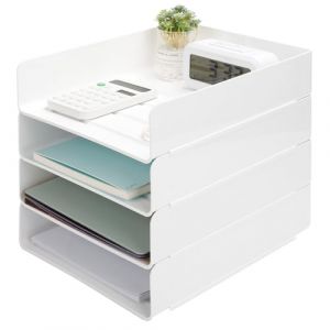 Aevcvok Lot de 4 Corbeille a Courrier Empilable - Bac a Courrier A4 Blanc - Banette Bureau - Range Documents, Papiers, Magazines (Avokuya, neuf)