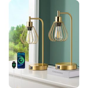 EDISHINE Lampe de Table LED E27 Ampoule Dimmable à 3 Niveaux, USB A & USB C Port de Charge, Contrôle Tactile, Lampe de Chevet Industrielle avec Abat-jour en Forme de Goutte d'Eau, Doré, 2pcs (DewenwilsDirect, neuf)