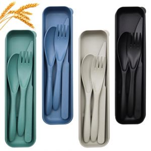 4 Ensemble de Couverts avec &Eacute;tui Portables Couverts de Voyage Couvert Pique Nique R&eacute;utilisables Couvert Camping Couteau Cuill&egrave;re et Fourchette en Plastique pour Pique-Nique Voyage Bureau(4 Couleurs) (OMG-EU, neuf)