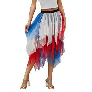 Achlibe Jupe en tulle &eacute;lastique taille haute pour femme, jupe pliss&eacute;e irr&eacute;guli&egrave;re, tutu transparent en maille superpos&eacute;e, rouge/bleu/blanc, 44 (QUWGEDG, neuf)