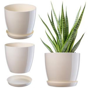 KADAX Élégant Pot de Fleurs, Pot à Plantes avec Soucoupe, Pot de Fleurs Rond, Pot de Fleurs en Plastique, Cache-Pot pour Fleurs, Pot de Fleurs Interieur Ø 20 cm Ivoire (KADAX, neuf)