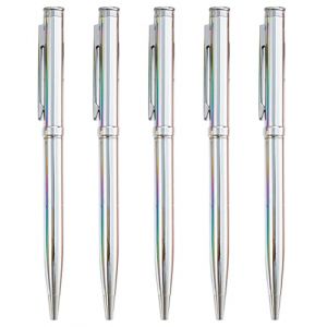 Gullor Lot de 5 stylos &agrave; bille r&eacute;tractables en m&eacute;tal, stylos pour cadeaux, affaires, bureau, pointe moyenne de 1,0 mm, encre noire, argent (Huohuo, neuf)