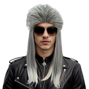 Karlery Perruque Longue Droite Gris et Argent Ombr&eacute;e pour Homme et Femme Perruque Mulet des Ann&eacute;es 70 et 80 de Rocker Punk Respirante Taille Ajustable pour la F&ecirc;tes d&rsquo;Halloween Costume Party (Karlery Official Store, neuf)