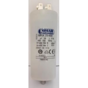 Condensateur permanent pour moteur, 25uF, 450V, Polypropylène métallisé, Borne Faston double, Comar (mirage des ondes, neuf)