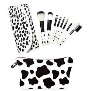 Lot de 8 pinceaux de maquillage de voyage avec &eacute;tui de rangement, trousse de maquillage &eacute;tanche pour femme, pour le visage, les sourcils, les l&egrave;vres (pinceaux de maquillage imprim&eacute; vache) (ouyouyou, neuf)