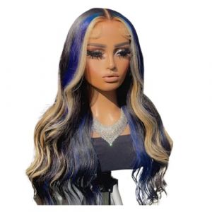 Transparent 5x5 Wig Highlight Body Wave Human Hair Blue With Blonde 13x4 Frontal For Women(13x4 Frontal Wig 180,BLUE WITH BLONDE_16INCHES) (henglinshangmaoUS, neuf)
