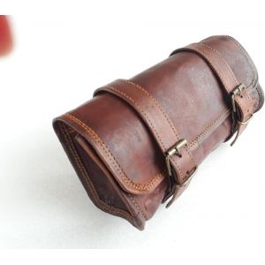 Sacoche de moto vintage bleu am&eacute;ricain en cuir de ch&egrave;vre v&eacute;ritable, fermeture &agrave; boucle &agrave; 2 sangles, sac &agrave; outils marron, fermeture rapide, renforc&eacute;, pour guidon, fourches, sacoche de v&eacute;lo en cuir (American blue, neuf)