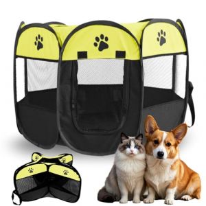 Enclos pliable pour chiots, chats, petits animaux, 74 x 74 x 43 cm, pour la maison, pour chiens, chats, lapins, int&eacute;rieur et ext&eacute;rieur, jaune (CHANGSHENGUK, neuf)
